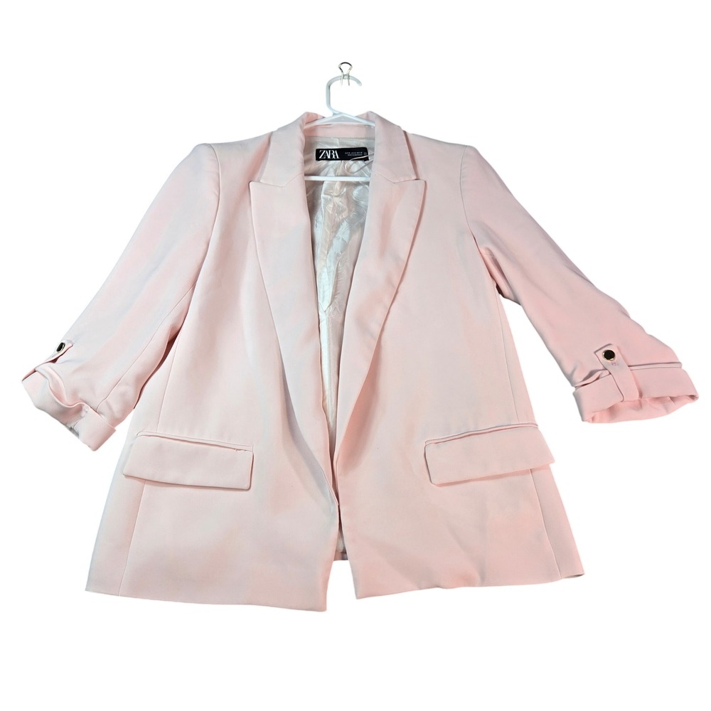 Zara Women's Soft in Pastel Pink Open Front Blazer 3/4 Ruched Sleeve Size Medium